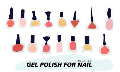 A set of jars with gel nail polish. Transparent jar, colored varnish is visible through the glass. Objects and materials for a beauty and fashion salon. Vector illustration.