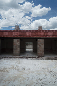 archeological building of the Mitla area in Oaxaca Mexico, blue sky summer day tourist place
