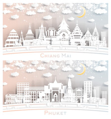 Phuket and Chiang Mai Thailand City Skyline Set.