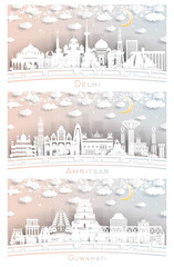 Amritsar, Guwahati and Delhi India City Skyline Set in Paper Cut Style.
