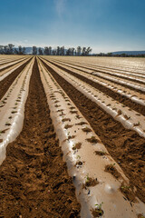 lines of young plants on big cultivated field