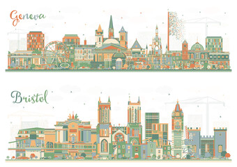 Bristol UK and Geneva Switzerland City Skyline Set with Color Buildings.