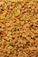 Organic golden raisins texture. Close up food background. Top view.