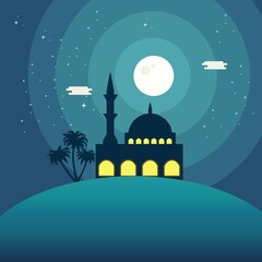Naklejka premium Night Mosque Arabic Desert Muslim Eid Mubarak Islamic Culture Illustration