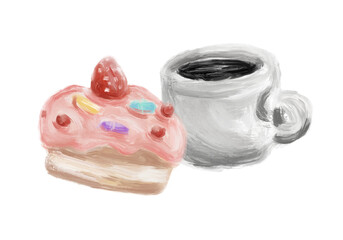 Set of sweet dessert snack includes coffee and strawberry cake in oil brush stroke style isolated on white background