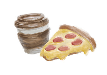 Set of American traditional breakfast includes coffee and slice of pepperoni cheese pizza in oil brush stroke style isolated on white background