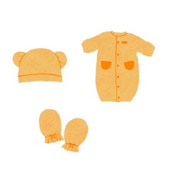 赤ちゃんの服と帽子とミトンのセット手書きイラスト（オレンジ）