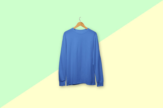 Royal Blue Long Sleeve T Shirt Floating Isolated On Plain Background