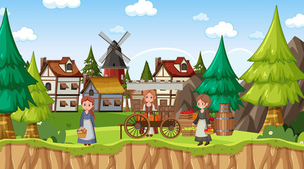 Medieval town scene with villagers and market