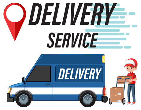 Delivery Sevice logo with panel van and courier character