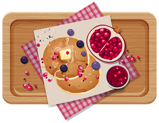 Top view food, pancake with pomegranate and placemat  on wood plate