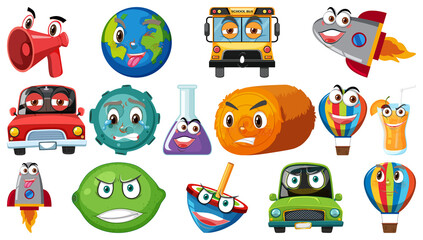 Set of different toy objects with smiley faces