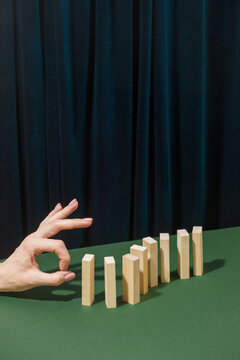The path of wooden blocks, concept of balance, balance, life harmony, self-destruction. Mental health, fall and depression abstract modern still life
