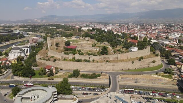 Aerial View of Skopsko Kale, Skopje Fortress, North Macedonia. Walls of Landmark From 6th Century, Drone Shot