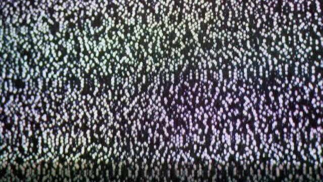 Pixels, Static Flickering Noise Interference, Distortion, Bad, No TV Signal. Black and white noise, artifacts. Image broadcast problem. Analog, cable TV. Retro 80s, 90s. Abstract effect glitch