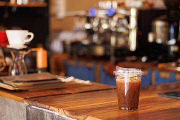 Iced coffee on the wood table