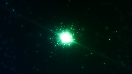 Fototapeta na wymiar 暗闇に発光する光　パーティクルと鋭いレンズフレア　光の粒　壁紙　宇宙　ビッグバン