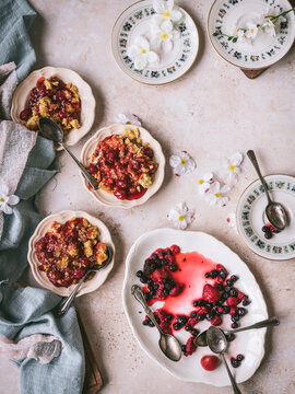 Overhead flat lay of berry crumble