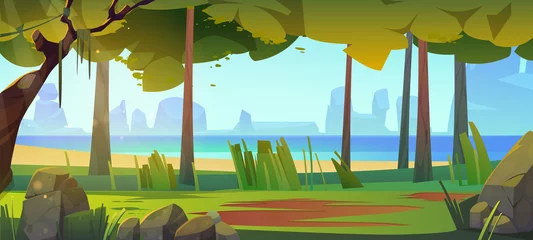 Poster Cartoon natuur landschap met bos en zee. Landschap zomer achtergrond met uitzicht op de oceaan door loofbomen, rotsen, gras en zonlicht vallen op de grond, hout natuurlijke scène, vectorillustratie © klyaksun