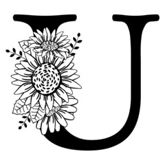 Capital letter U with flowers. Monogram, title, screen caption. Black outline drawing. Vector illustration isolated on white background. Family logo, sign. Floral design, name initials, print.