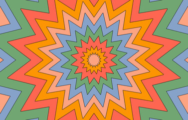 Colorful horizontal retro background in style hippie. Abstract psychedelic vector background. Flower tunnel in style 70, 80s