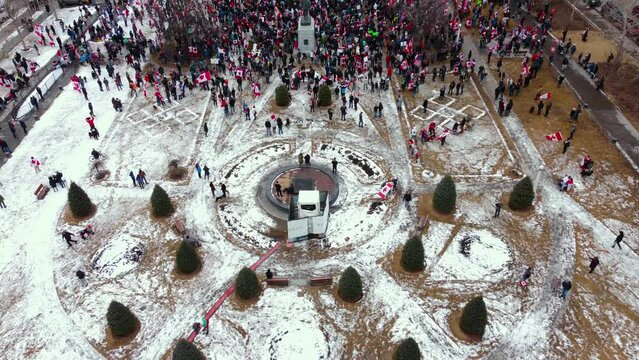 Crowd with speaker closing in Calgary Protest 12th Feb 2022