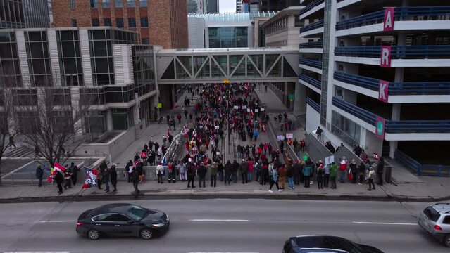 Crowd marching on street flyover bridge closing in Calgary Protest 12th Feb 2022