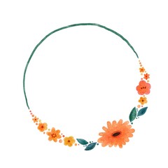 オレンジ系　水彩のお花のリース・フレームセット　ラスター素材