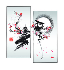 Cherry blossom branches, Pagoda and Torii gate. Text - "Perception of Beauty". Vector illustration. Design in traditional oriental style.