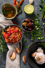 Food on dark background.