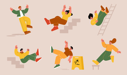 Clumsy people falling, male and female characters fall down due stumbling on ladder or stairs, slipping on wet floor, accident, danger, risk, health insurance, men and women injury Line art vector set - obrazy, fototapety, plakaty