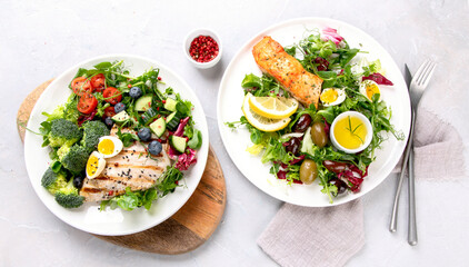 Ketogenic diet meals assortment on light background.