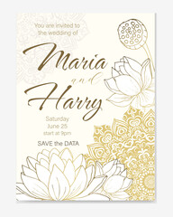 Luxurious background for wedding invitation with golden outlines of lotus flowers and mandala. Golden floral background template for greeting cards, wedding invitations, anniversaries.