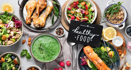 Healthy food assortment on light background.