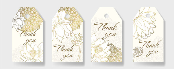 Set of 4 backgrounds with lotus flowers and shaped mandalas for thank you tags, wedding tags, birthday tags, labels, printable.