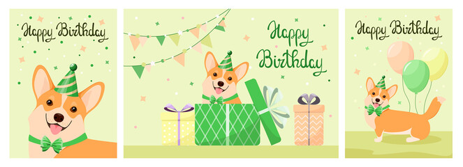 A set of greeting cards with a funny corgi dog. Cartoon design. Vector illustration.

