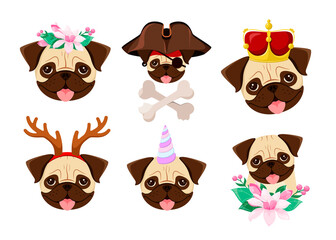 A set of funny pugs on a white background. Cartoon dog design. Vector illustration.
