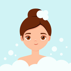 A young woman is washing. Cartoon design. Vector illustration.
