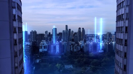 Fast drone flight between twin skyscrapers with digital lines connecting downtown city of Buenos Aires in backdrop - Futuristic concept with blue colored glowing lines and binary codes - Powered by Adobe