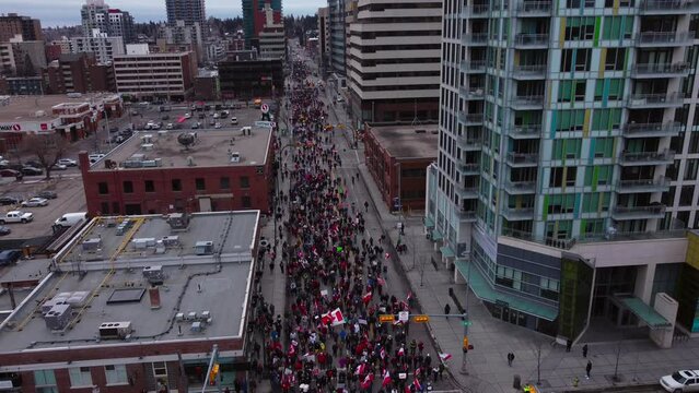 Crowd on street pull out from above Calgary Protest 12th Feb 2022