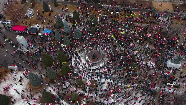 Crowd with speaker wide circling Calgary Protest 12th Feb 2022