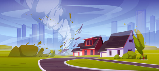 Natural disaster with tornado crashes house roof. Vector cartoon illustration of storm wind swirls, hurricane, twister on summer landscape with damaged buildings