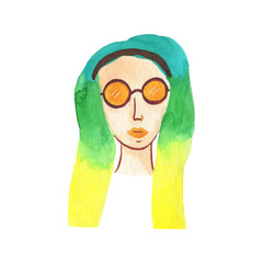 Watercolor young woman face with colorful hair on white background