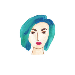 Watercolor young woman face with colorful hair on white background