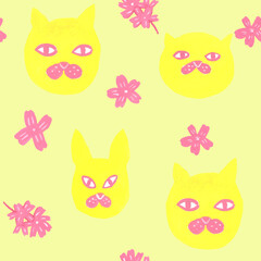 Pattern with funny gouache cats and flowers  on yellow background