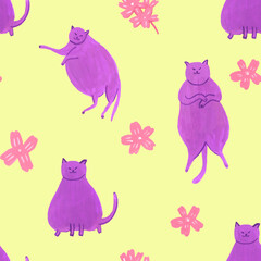 Seamless pattern with funny gouache cats and flowers on yellow background