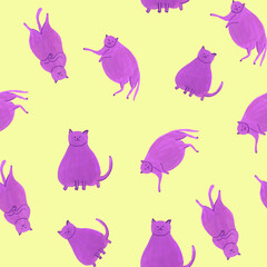 Seamless pattern with funny gouache cats on yellow background