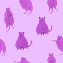 Seamless pattern with funny gouache cats on lilac background