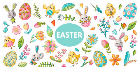 Spring set of Easter illustrations. Watercolor elements on a white background.