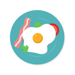Fried eggs bacon and tomato on a plate, healthy english breakfast top view, flat style vector illustration isolated on white background